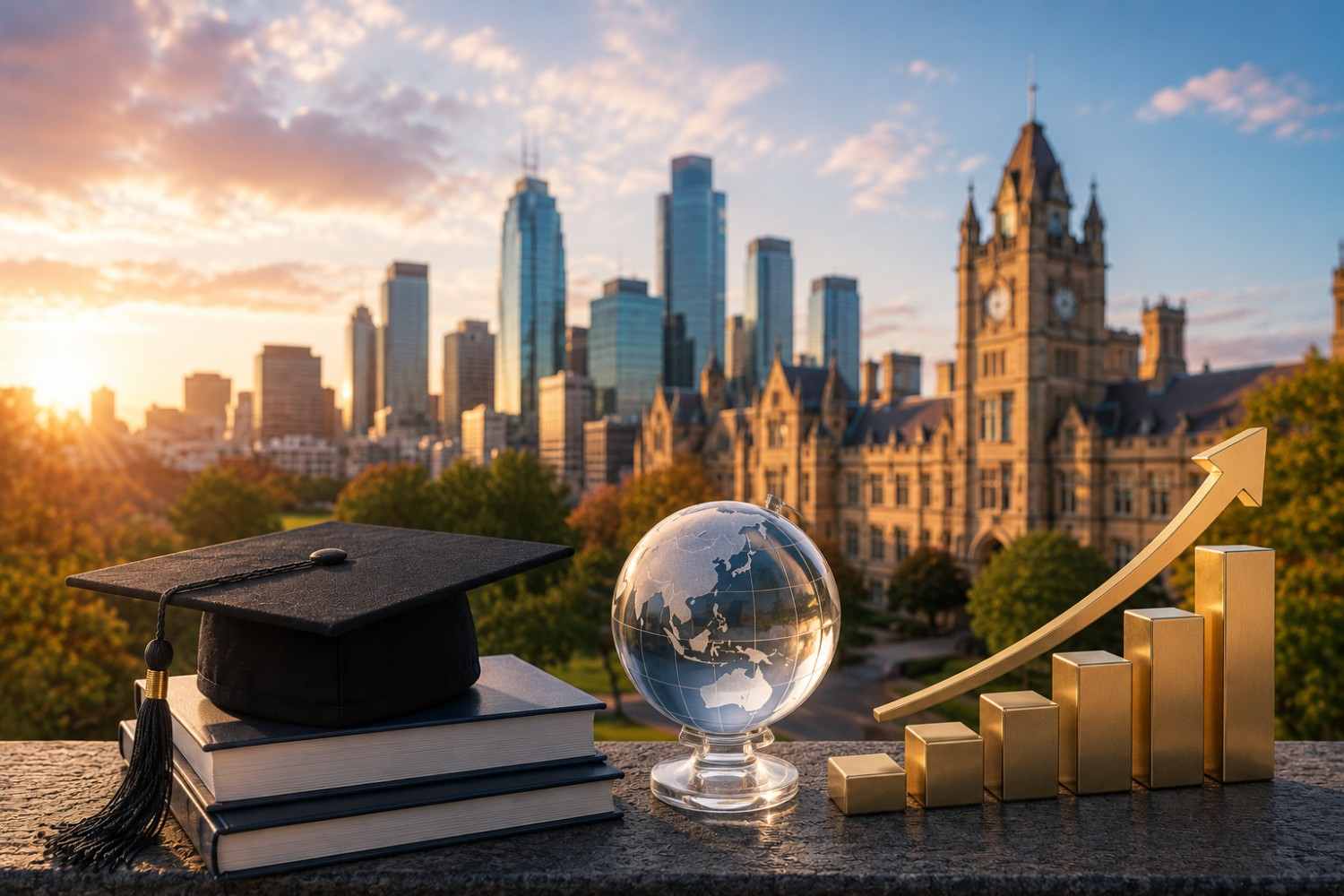 Melbourne MBA ranking concept featuring a graduation cap, globe, rising gold bars, and Melbourne skyline at sunset.